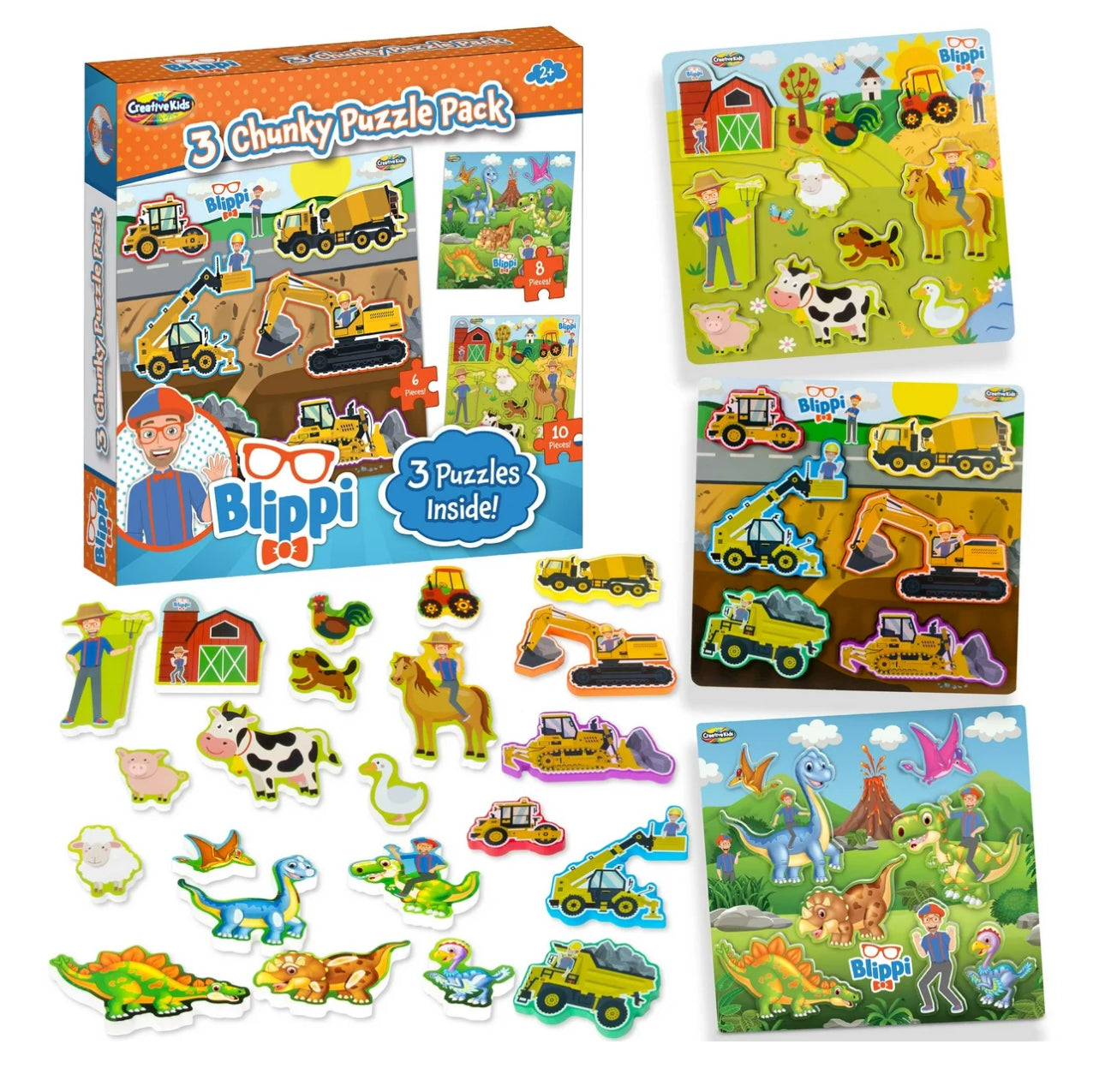 Blippi Chunky Puzzles for Toddlers - 3-in-1 Chunky Puzzle Set for Kids Ages 2+ - Wooden Animal Puzzle for 2 Year Old - Baby Puzzle with Big Dinosaurs and Construction Pieces - Wood Puzzle Gift Set