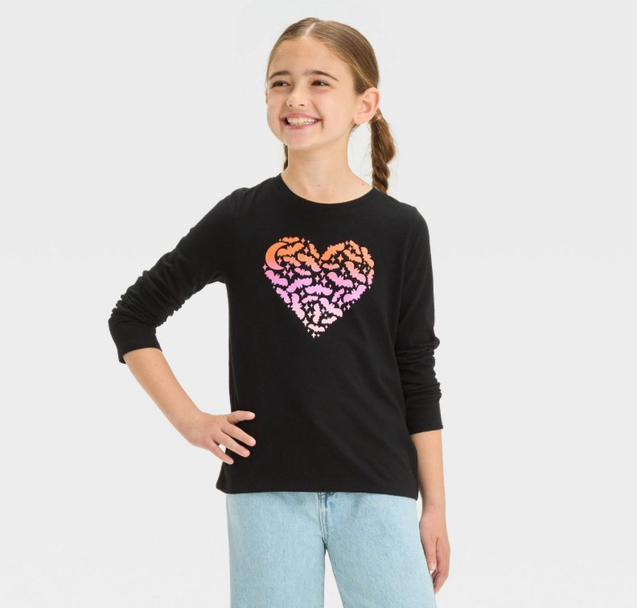 Girls' Long Sleeve Halloween Bat Heart Graphic T-Shirt - Cat & Jack™ Black