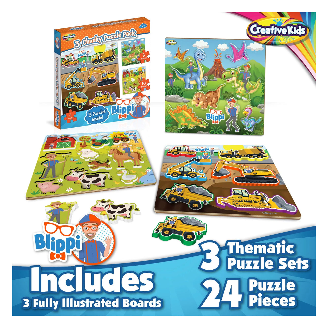 Blippi Chunky Puzzles for Toddlers - 3-in-1 Chunky Puzzle Set for Kids Ages 2+ - Wooden Animal Puzzle for 2 Year Old - Baby Puzzle with Big Dinosaurs and Construction Pieces - Wood Puzzle Gift Set