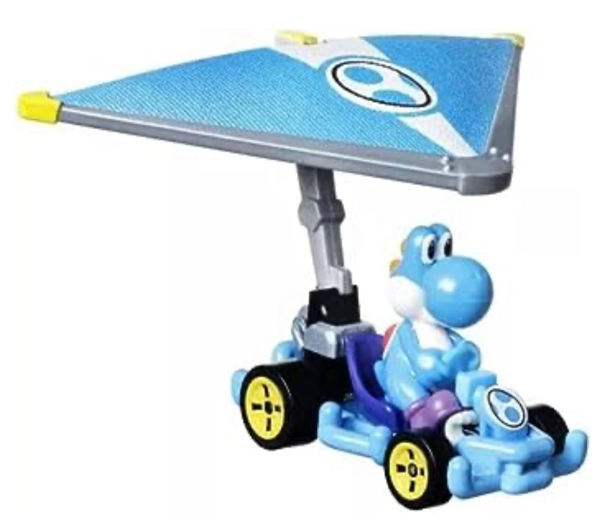 * some box damage* Hot Wheels Mario Kart 1:64 Scale Die-cast Light-Blue Yoshi in Pipe Frame Kart with Super Glider
