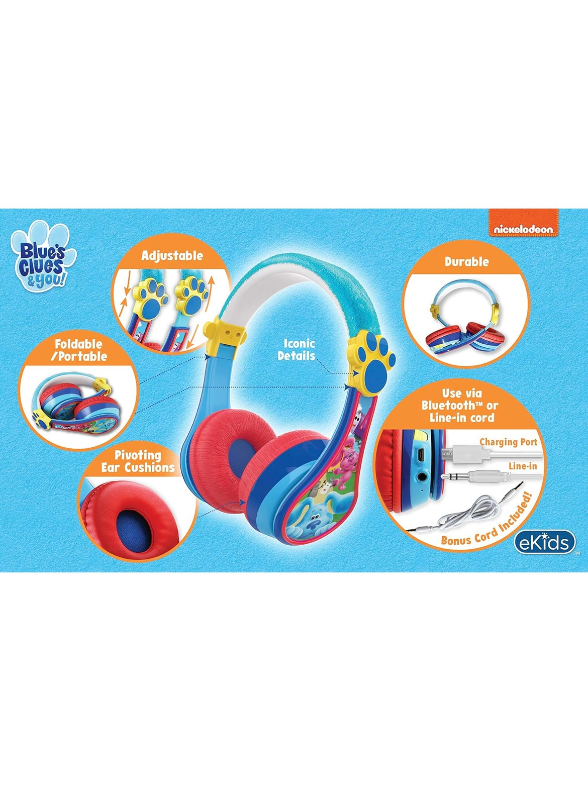 eKids Blues Clues Kids Bluetooth Headphones, Wireless Headphones with Microphone Includes Aux Cord, Volume Reduced Kids Foldable Headphones for School, Home, or Travel