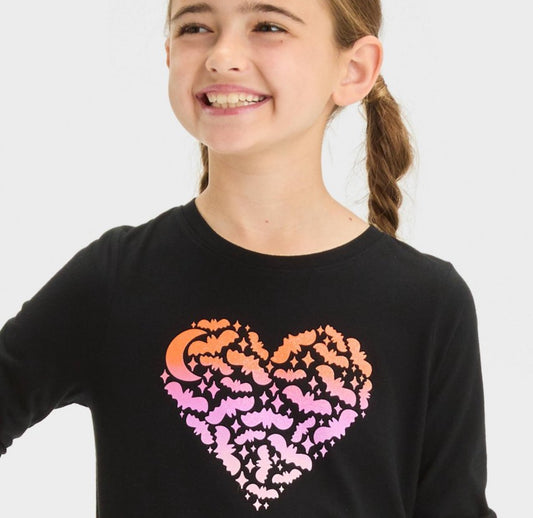 Girls' Long Sleeve Halloween Bat Heart Graphic T-Shirt - Cat & Jack™ Black