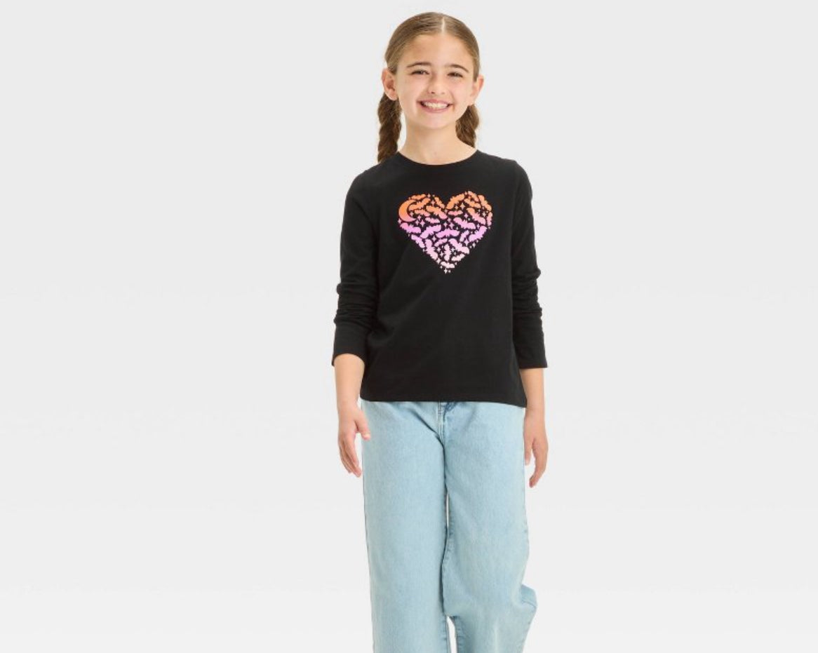 Girls' Long Sleeve Halloween Bat Heart Graphic T-Shirt - Cat & Jack™ Black