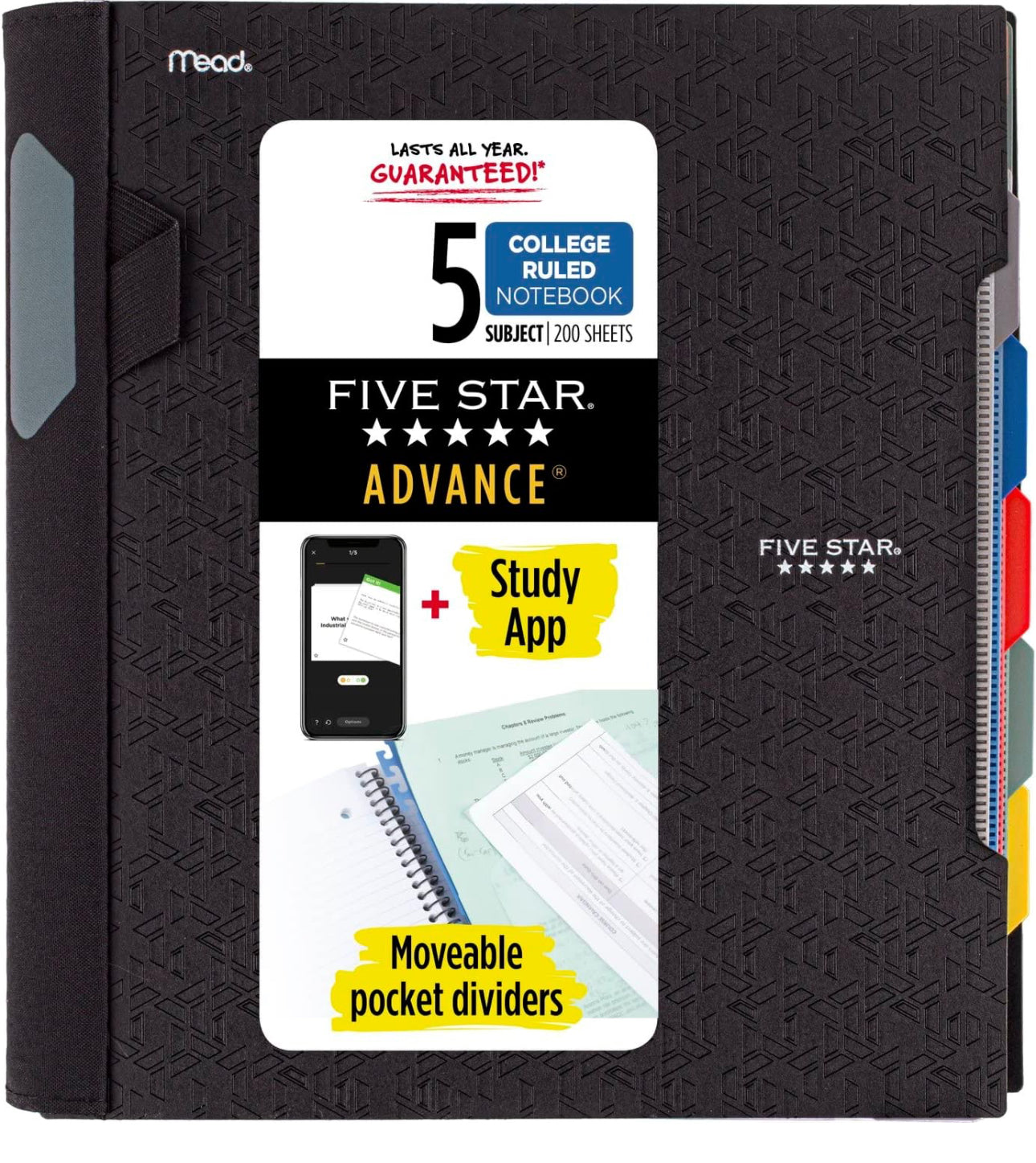 Case of 4 Five Star Spiral Notebook + Study App, 5 Subject, College Ruled Paper, Advance Notebook with Spiral Guard, Movable Tabbed Dividers and Expanding Pockets, 8-1/2" x 11", 200 Sheets,