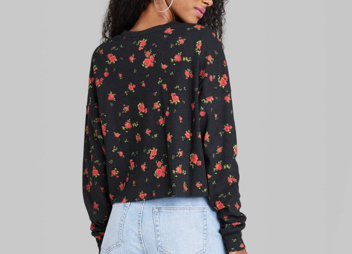 Women's Long Sleeve Henley T-Shirt - Wild Fable TM Black/Red Floral