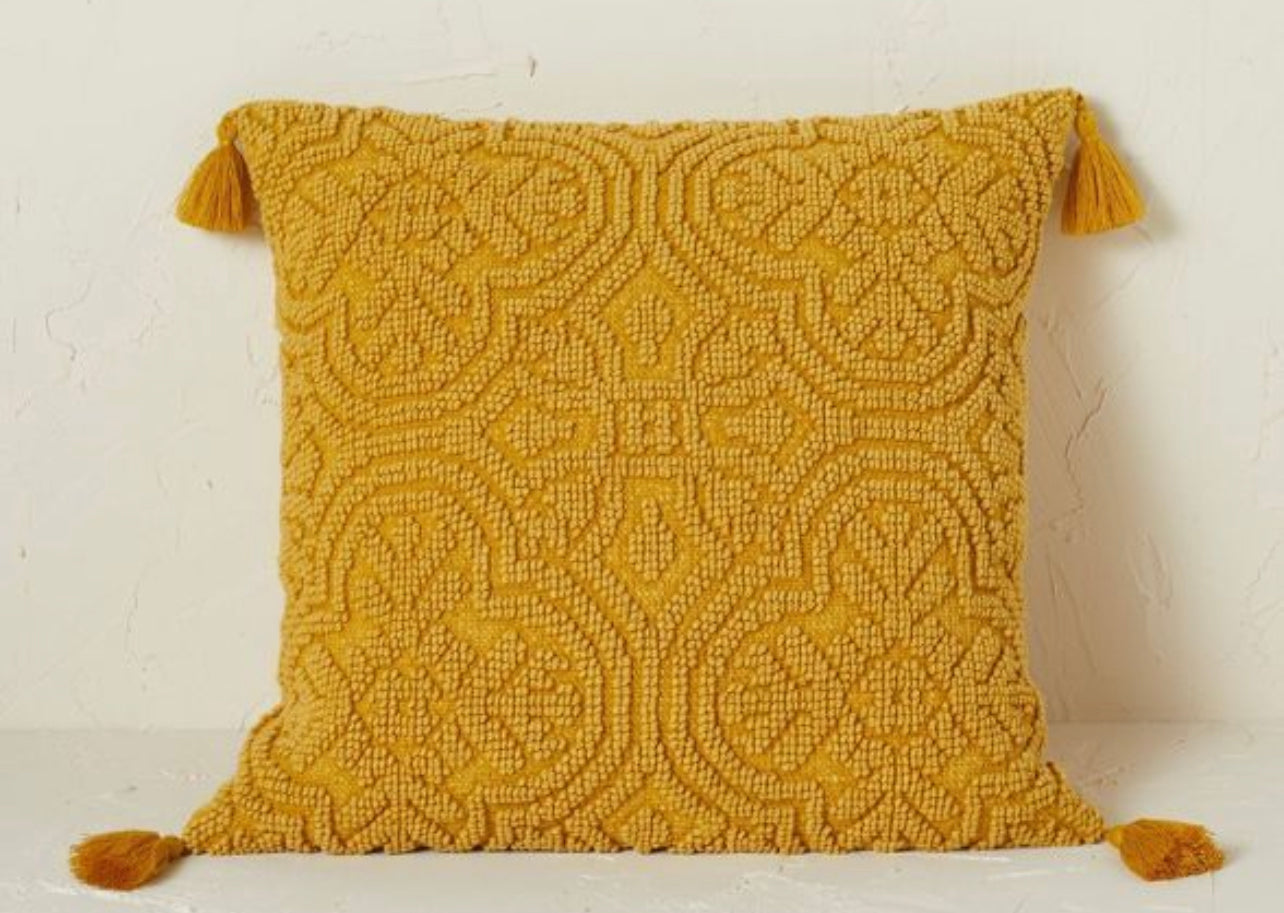 Gold Arabesque Pattern Textured Square Throw Pillow
