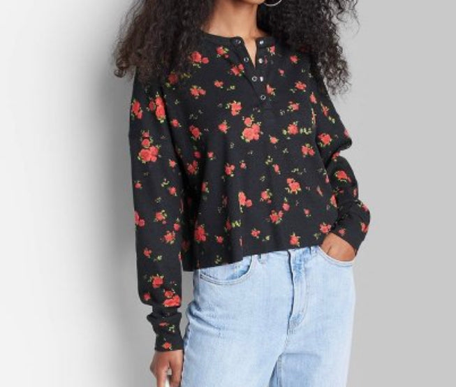 Women's Long Sleeve Henley T-Shirt - Wild Fable TM Black/Red Floral